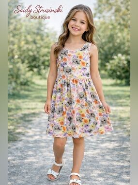 H&M Girls Kitty Floral Print Dress Size 8/10 Sleeveless Cute